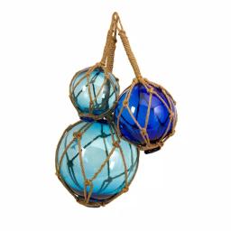 IMAX Worldwide Home Blue Glass Floats with Jute Rope Netting - Set of 3 Coastal Nautical Decor thumbnail 1