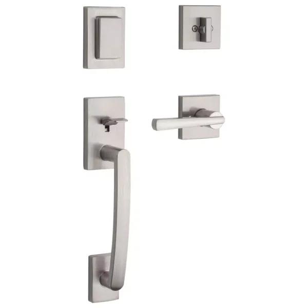 Baldwin Prestige Spyglass Single Cylinder Satin Nickel Handleset with Square Lever and SmartKey Security