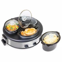 HomeCraft Triple 1.5 qt. Stainless Steel Slow Cooker Buffet Server with 3 Ceramic Pots thumbnail 1