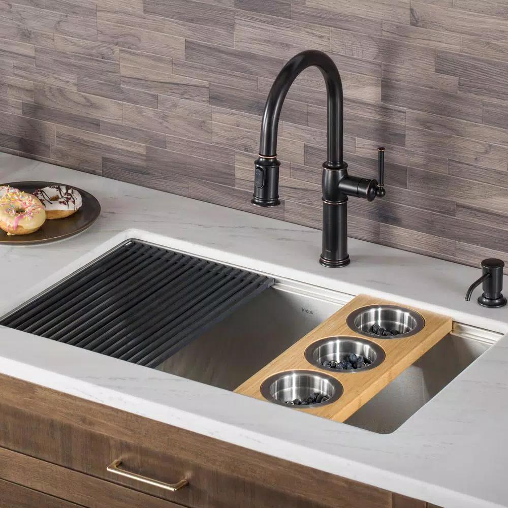 Kraus 16.75 in. Bamboo Workstation Kitchen Sink Serving Board Set with 3 Stainless Steel Prep Bowls