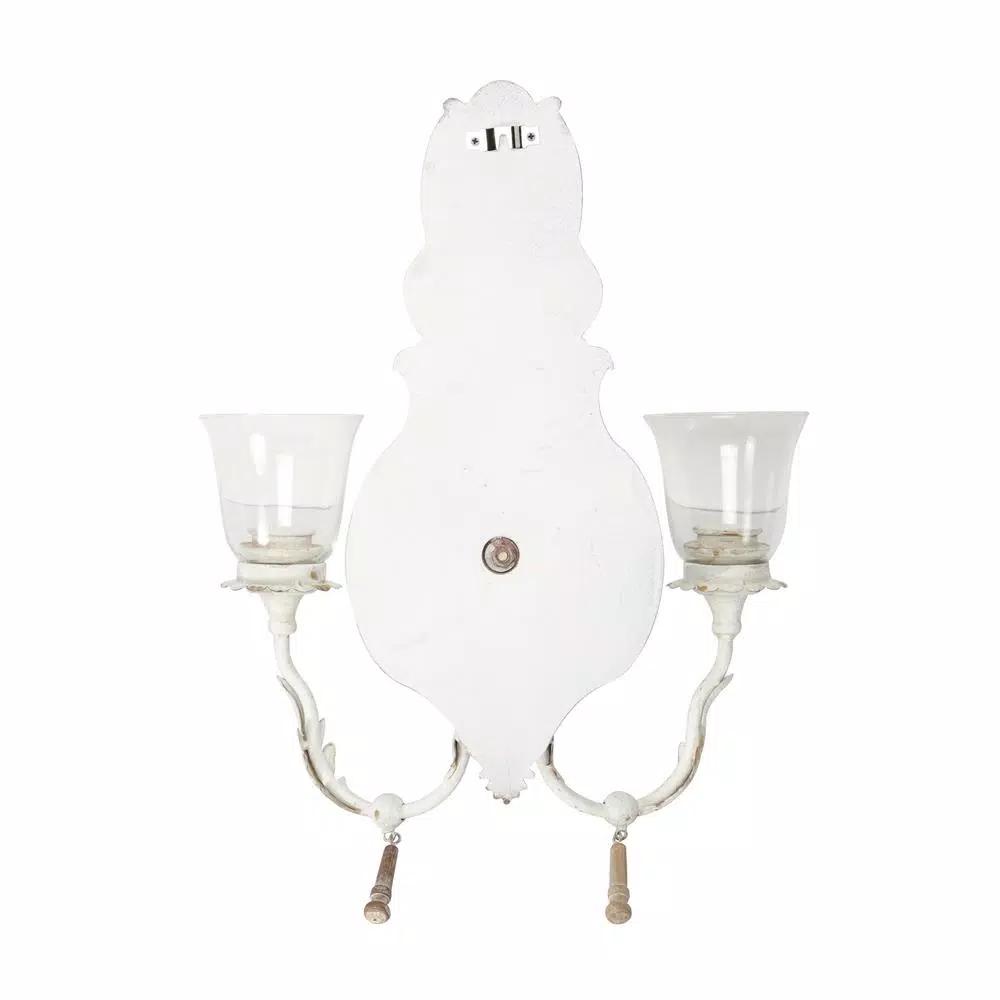 LITTON LANE Distressed White 2-Light Candle Sconce with Acanthus Carvings and Wood Bead Accents