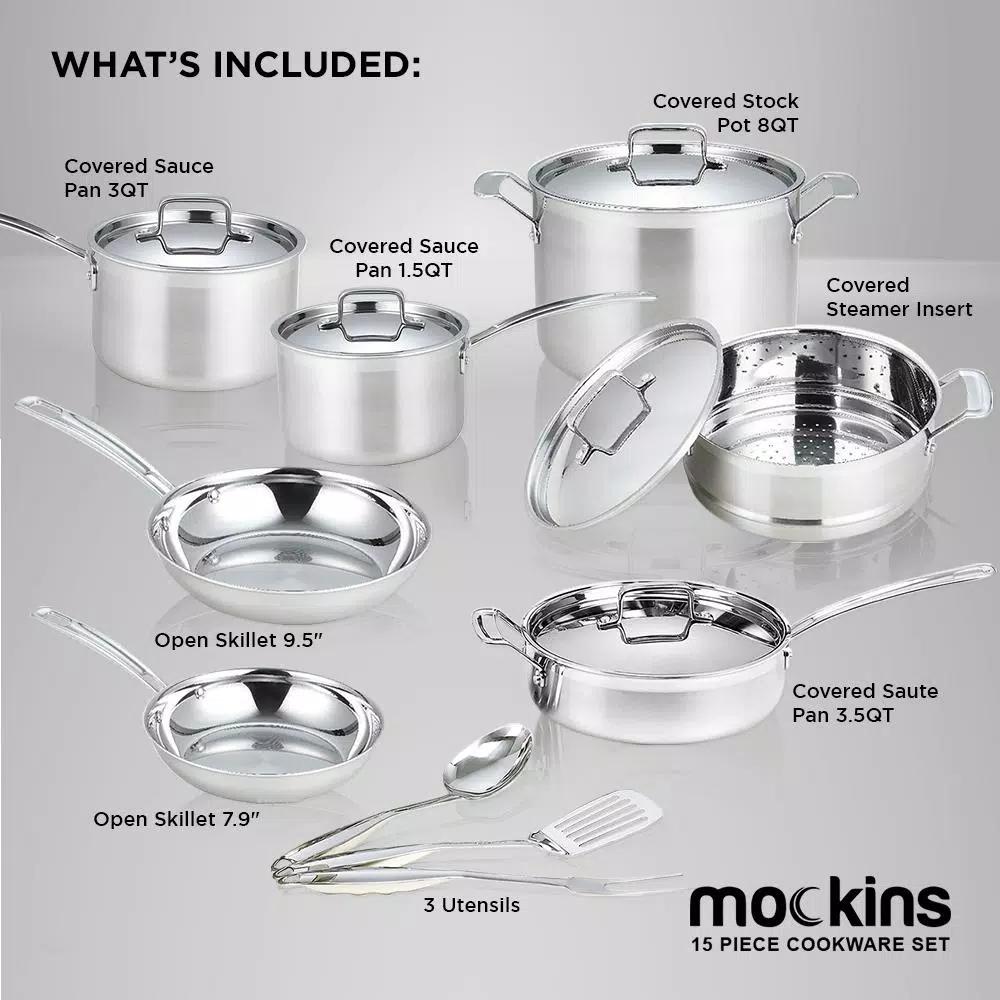 Mockins 15-Piece Tri-Ply Stainless Steel Cookware Set with Lids