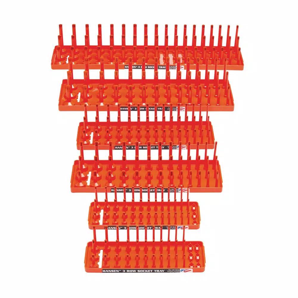 Hansen Global Inc. 3-Row Socket Holder Trays, Orange (6-Pack) - SAE & Metric for 1/2 in., 3/8 in., and 1/4 in. Drives