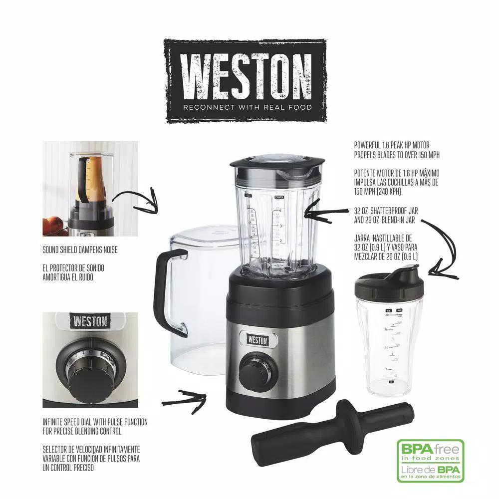 Weston Pro Series 11-Speed Blender with Sound Shield, 32 oz. Shatterproof Jar & 20 oz. Travel Jar, Stainless Steel