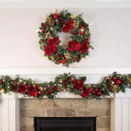 Village Lighting Company 9 ft. Pre-Lit Red Magnolia Christmas Garland with 100 LED Mini Lights thumbnail 4