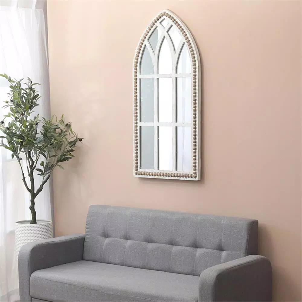 Luxen Home Modern White Arched Cathedral Wall Mirror with Distressed Wood Frame, 39.4 x 18.9 in.