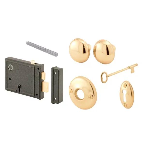 Prime-Line Horizontal Bit Key Lock Set with Brass Plated Knobs, Black Housing, 3-3/8 in. Backset
