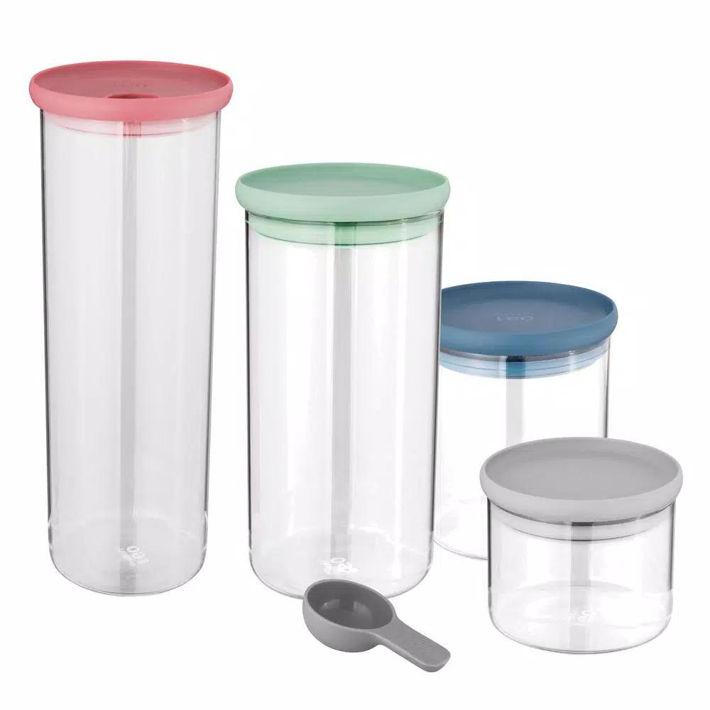 BergHOFF Leo Glass Covered Container Set with Scoop and Pasta Dispenser, 4-Piece Stackable Set
