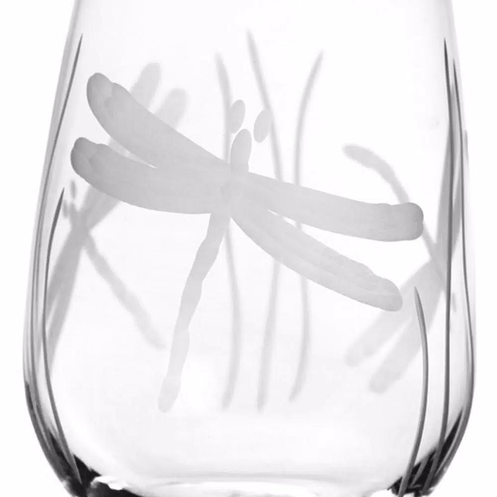 Rolf Glass Dragonfly 17 oz. Etched Stemless Wine Glass Set of 4, Clear Glassware