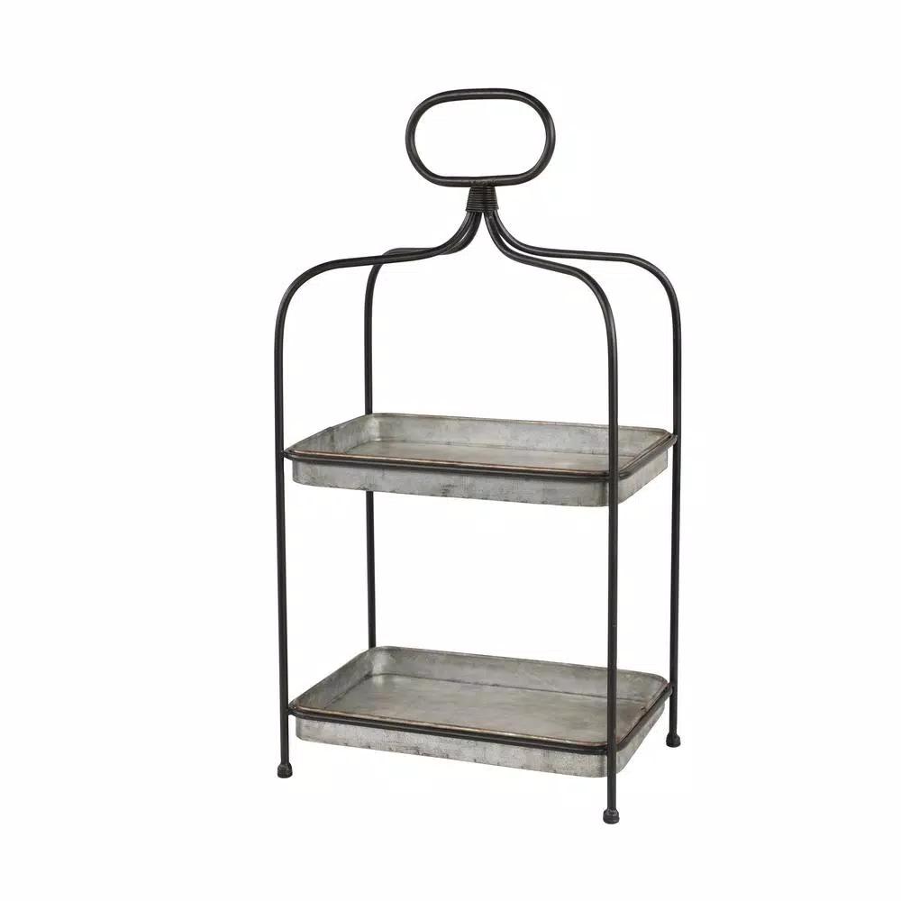 LITTON LANE Large 2-Tier Rectangular Metal Serving Tray with Handle - Black and Silver Farmhouse Decor