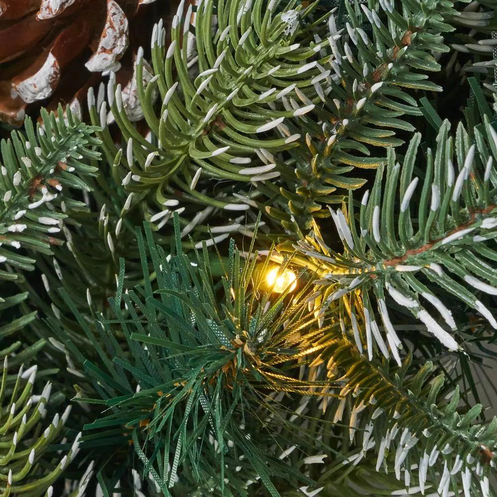 Noble House 24 in. Mixed Spruce Artificial Christmas Wreath with Pine Cones and Warm White LED Lights