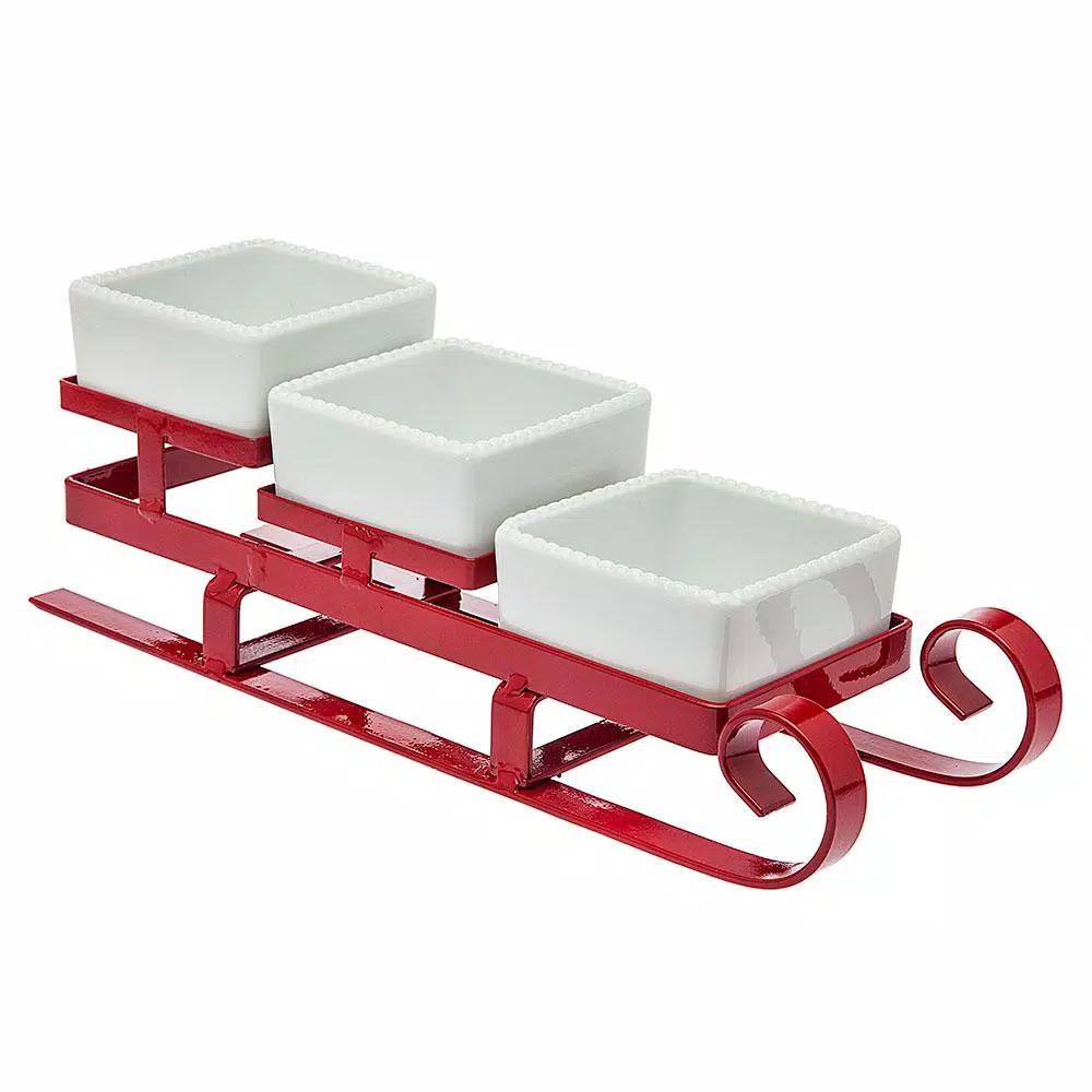 Godinger Metal Santa Sleigh and 3-Piece Relish Bowl Set - White