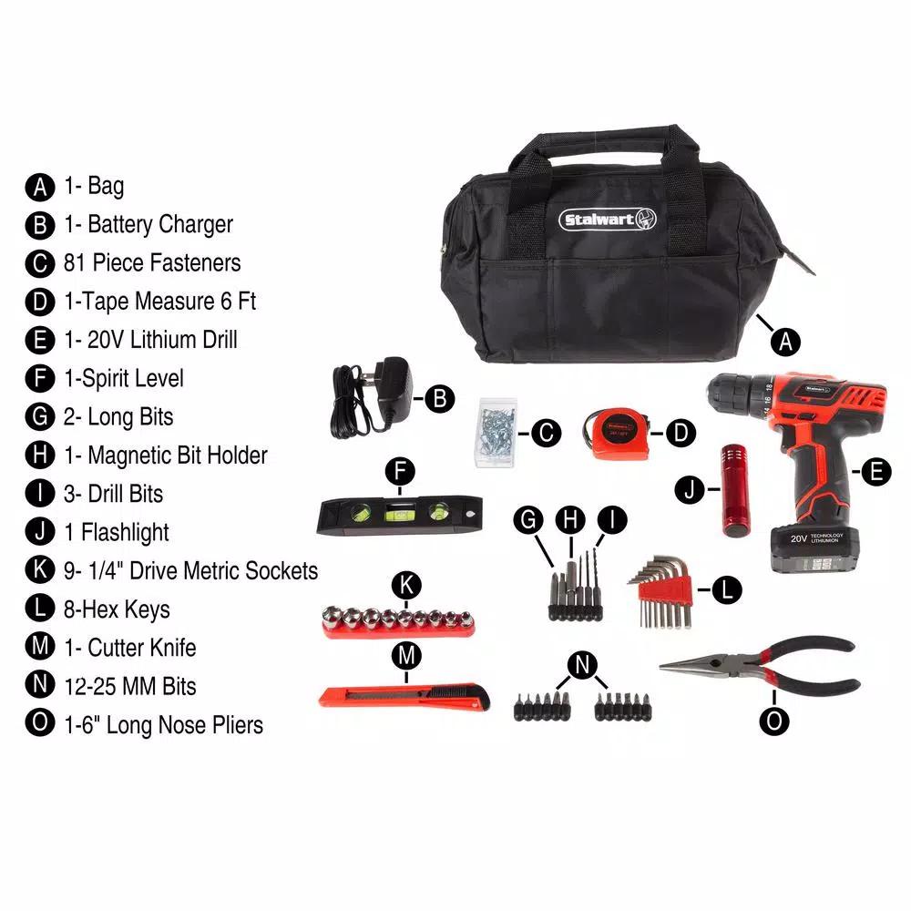 Stalwart 20V Lithium-Ion Cordless 3/8 in. Drill/Driver Kit with 122-Piece Accessory Set