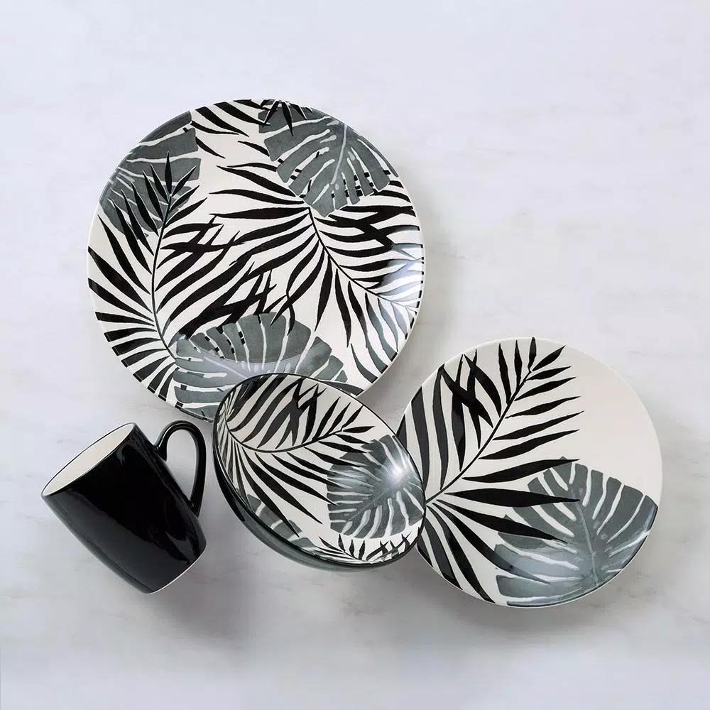 Thomson Pottery Palm Leaf 16-Piece Black Ceramic Stoneware Dinnerware Set, Service for 4