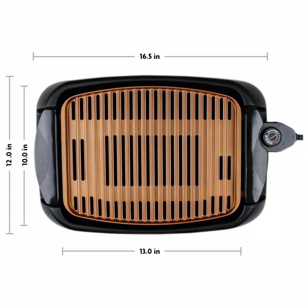 Ovente 1000W Portable Indoor Smokeless Grill, 13x10 inch Non-Stick Aluminum Grilling Plate, Copper