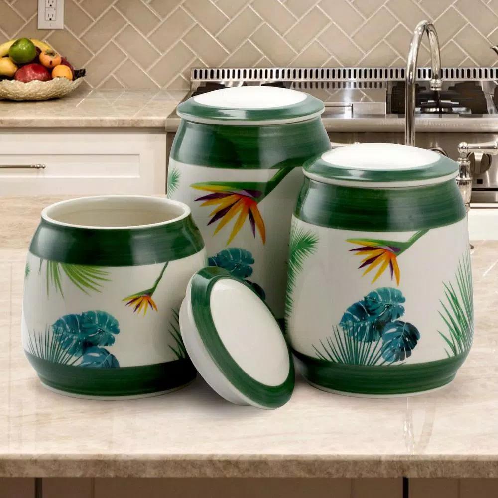 Elama Paradise Palms 3-Piece Green Ceramic Kitchen Canister Set with Airtight Lids