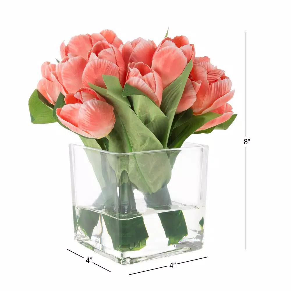 Pure Garden Soft Coral Tulip Floral Arrangement with Glass Vase and Faux Water