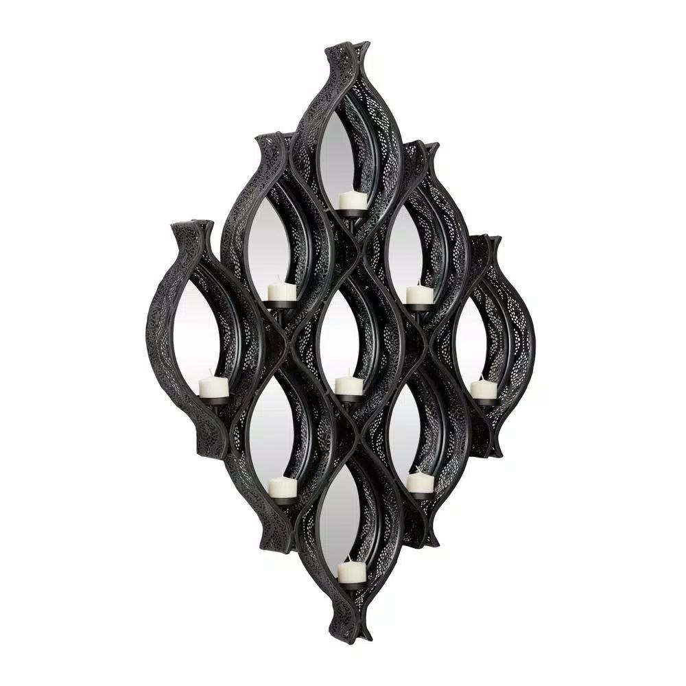 LITTON LANE Eclectic Large Black Diamond Mesh Metal Wall Sconce with Mirror Inlays