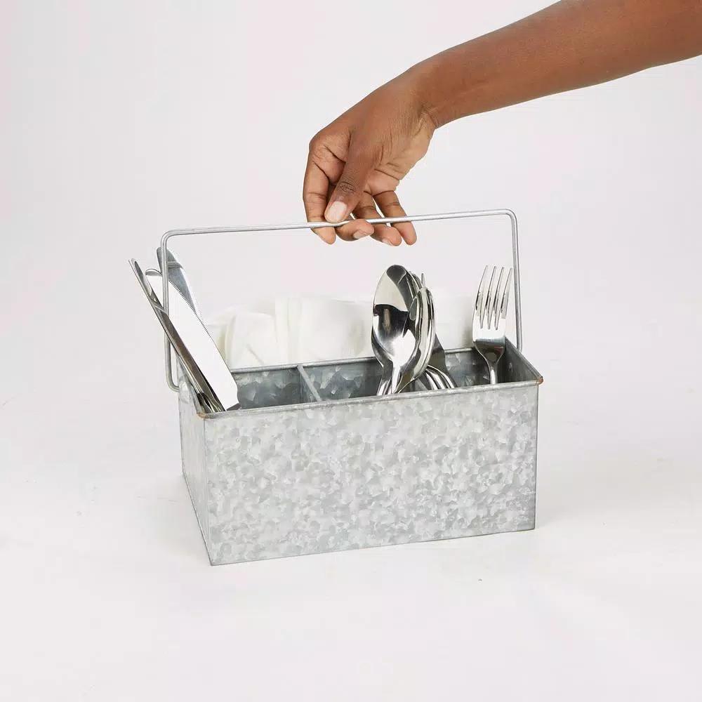 Mind Reader Silver Galvanized Steel Utensil Caddy - 3 Compartment Flatware & Condiment Organizer