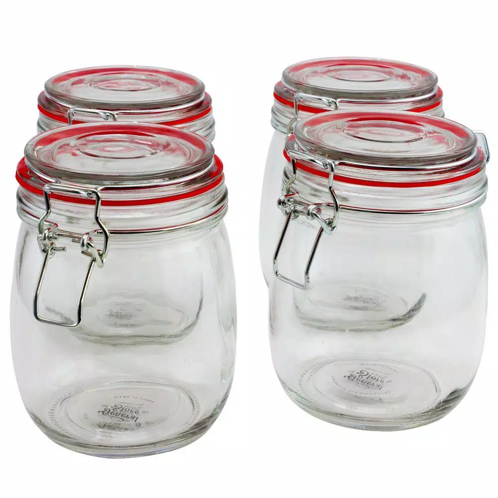 General Store Cottage Chic 4-Piece Glass Preserving Jar Set with Wire Bail and Trigger Closure