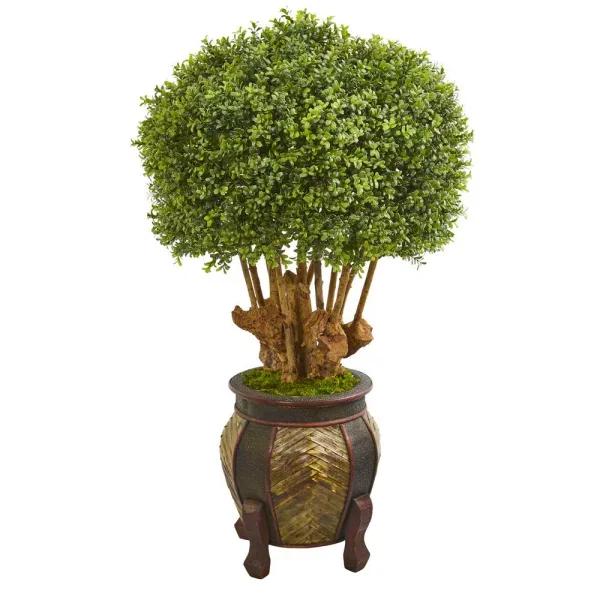 Nearly Natural 44 in. Artificial Boxwood Topiary Tree in Designer Wood Planter