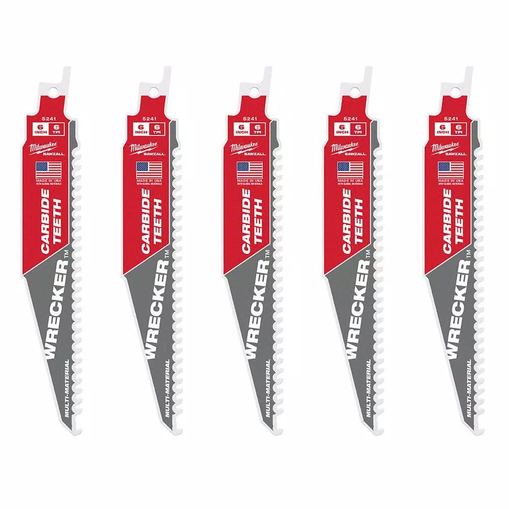 Milwaukee WRECKER 6 in. 6 TPI Carbide Teeth Multi-Material Reciprocating Saw Blade (5-Pack)