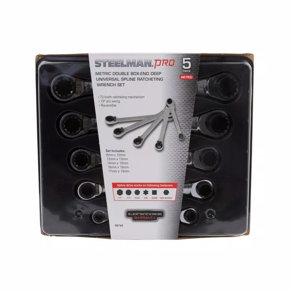 STEELMAN PRO 96748 Metric Universal Spline Ratcheting Wrench Set, 5-Piece Deep Box-End