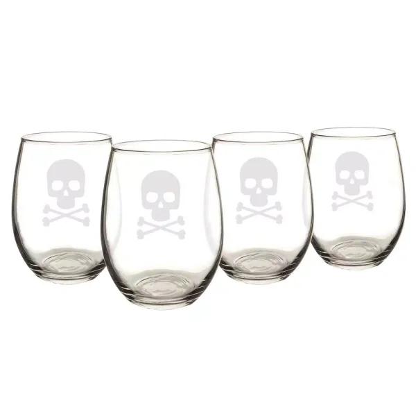 Cathy's Concepts Skull & Crossbones 21 oz. Stemless Wine Glasses, Set of 4, Clear Glass