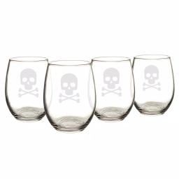 Cathy's Concepts Skull & Crossbones 21 oz. Stemless Wine Glasses, Set of 4, Clear Glass thumbnail 1