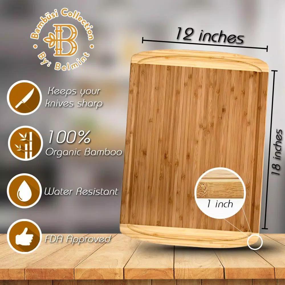 Bambusi Large Bamboo Cutting Board Set of 2 with Juice Groove, Rectangle Wood Chopping Boards for Meat and Veggies