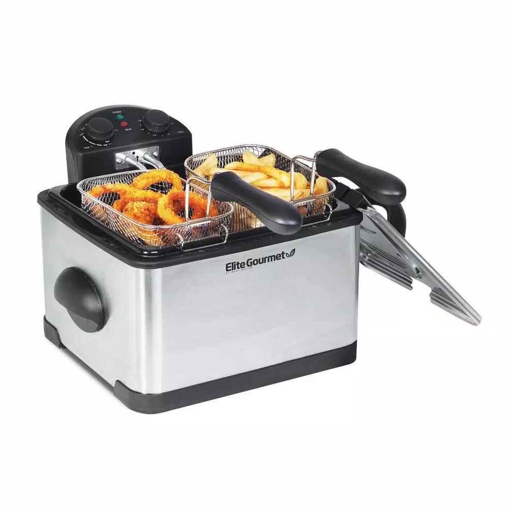 Elite 4 Qt. Dual Basket Deep Fryer with Extra-Large Bonus Basket, Brushed Stainless Steel, 1700W