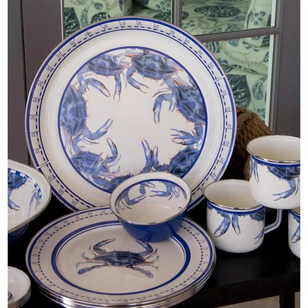 Golden Rabbit Blue Crab Enamelware 10.5 in. Round Dinner Plate Set of 4