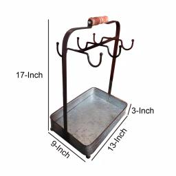 Benzara Rustic Galvanized Metal 6-Hook Crockery Holder with Wooden Handle thumbnail 4