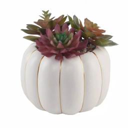 Flora Bunda 8 in. Fall Harvest Artificial Succulent Arrangement in Cream Pumpkin Pot with Gold Accents thumbnail 1