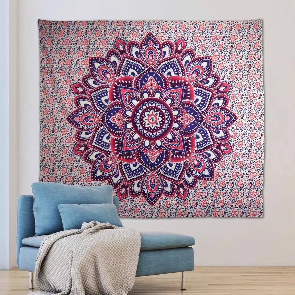 WallPops Myra Pink and Purple Mandala Floral Wall Tapestry - Bohemian Cotton Wall Hanging