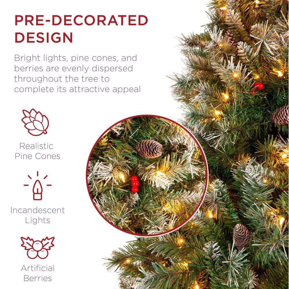 Best Choice Products 6 ft. Pre-Lit Flocked Artificial Christmas Tree with 250 Warm White Lights, Berries & Pinecones