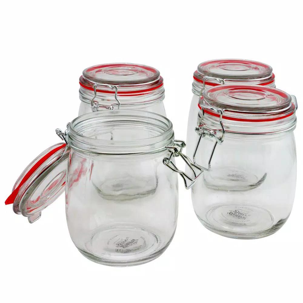 General Store Cottage Chic 4-Piece Glass Preserving Jar Set with Wire Bail and Trigger Closure