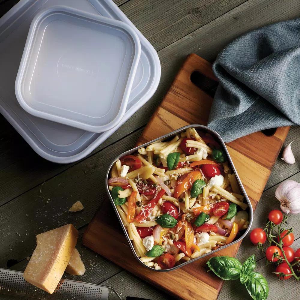 Tramontina 3-Piece Stainless Steel Square Food Storage Container Set with Frosted Lids