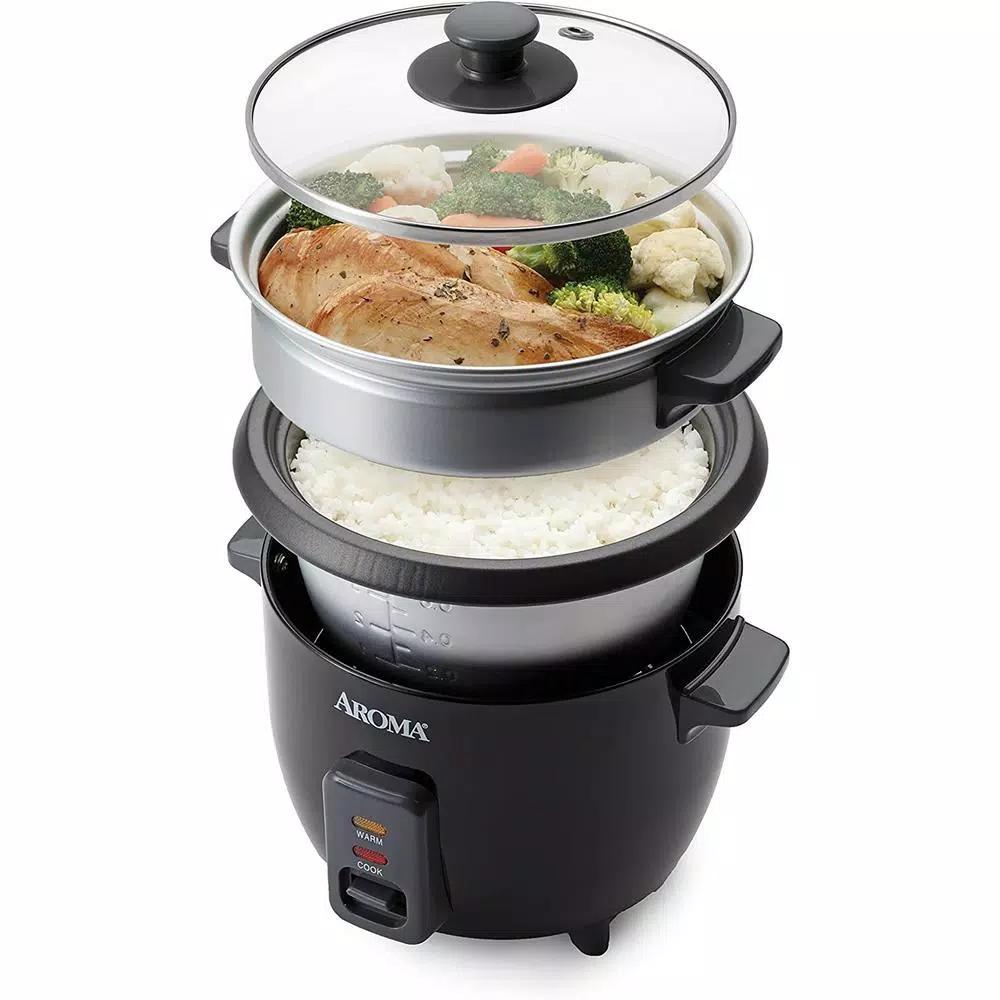 Aroma 6-Cup Rice Cooker and Food Steamer with Removable Steam Tray, Black