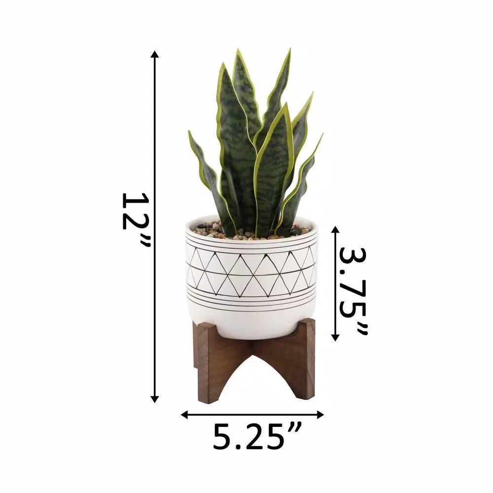 Flora Bunda 12 in. Artificial Snake Plant in White Ceramic GEO Pattern Pot with Wood Stand