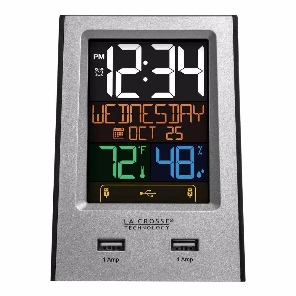 La Crosse Technology Digital Desktop Alarm Clock with Dual USB Charging Ports, Nap Timer, and Temperature/Humidity Display - Silver
