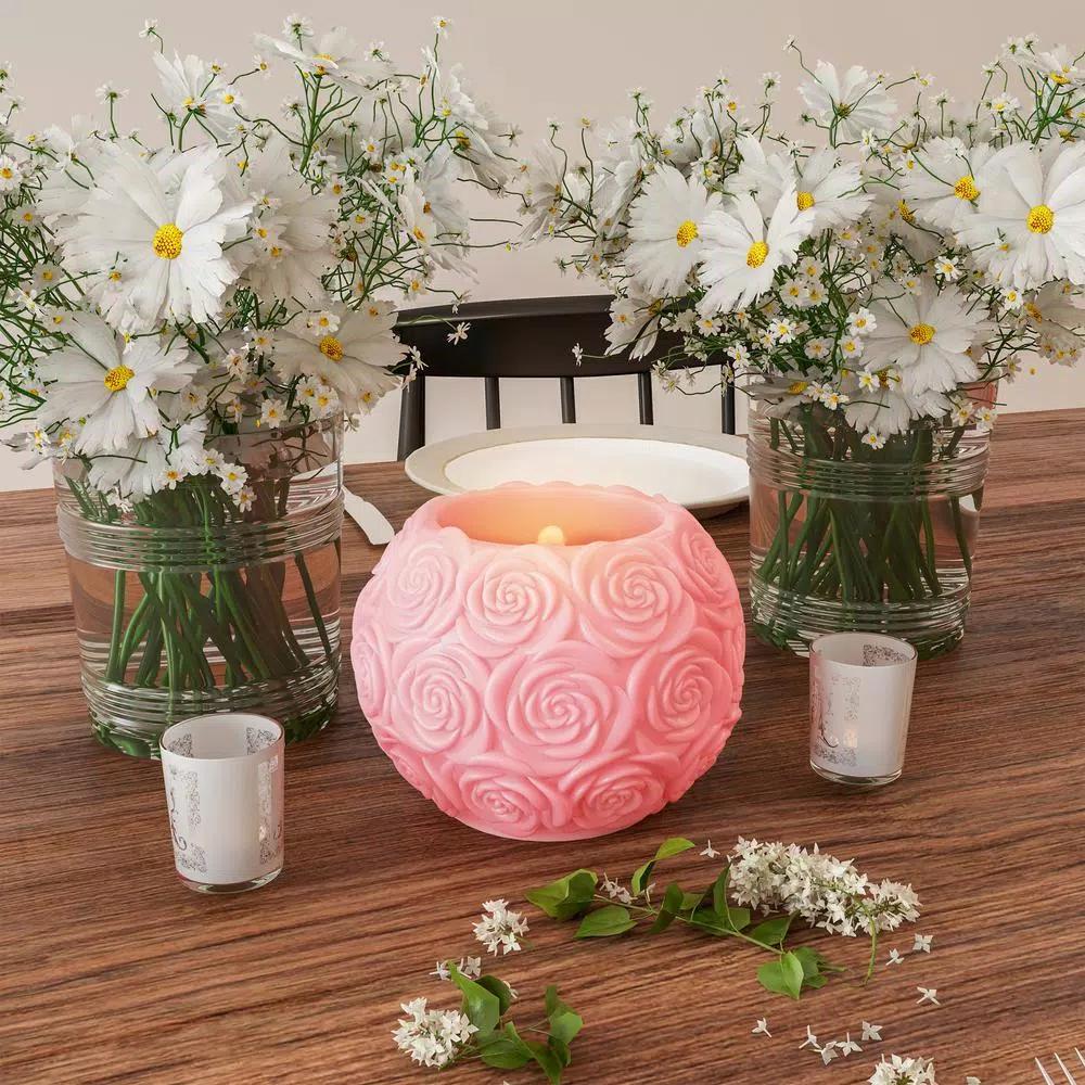 Lavish Home Rose Embossed Ball LED Flameless Candle with Remote, Rose Scented Real Wax