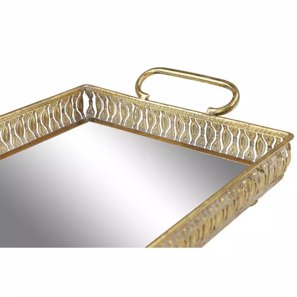 LITTON LANE Set of 3 Large Rectangular Metallic Gold Mirror Vanity Trays with Pierced Metal Designs