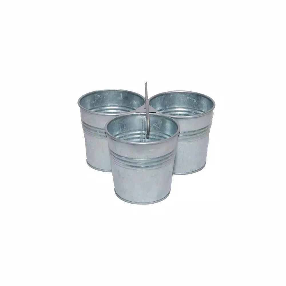 Benzara Galvanized Steel Gray Cutlery Holder with 3 Buckets and Ring Handle
