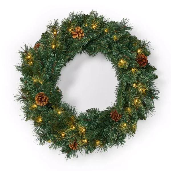 Noble House 24 in. Mixed Pine Artificial Christmas Wreath with Pine Cones and Warm White LED Lights, Battery Operated