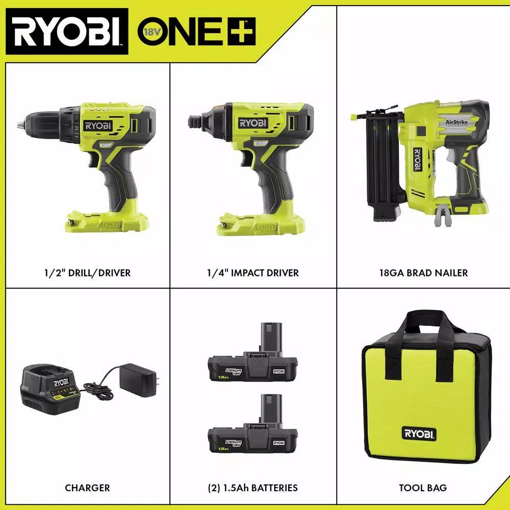 RYOBI 18V ONE+ Cordless 3-Tool Combo Kit with Drill/Driver, Impact Driver, and AirStrike 18-Gauge Brad Nailer