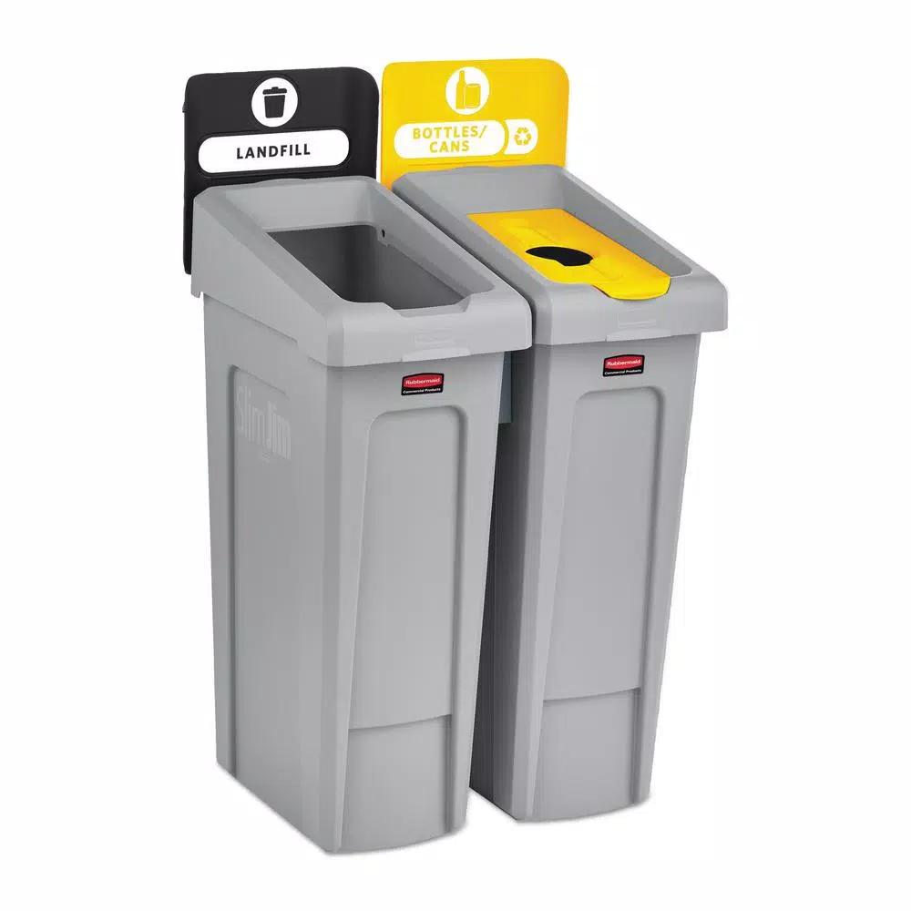 Rubbermaid Commercial Products 46 Gal. Slim Jim 2-Stream Recycling Station Kit, Gray/Yellow
