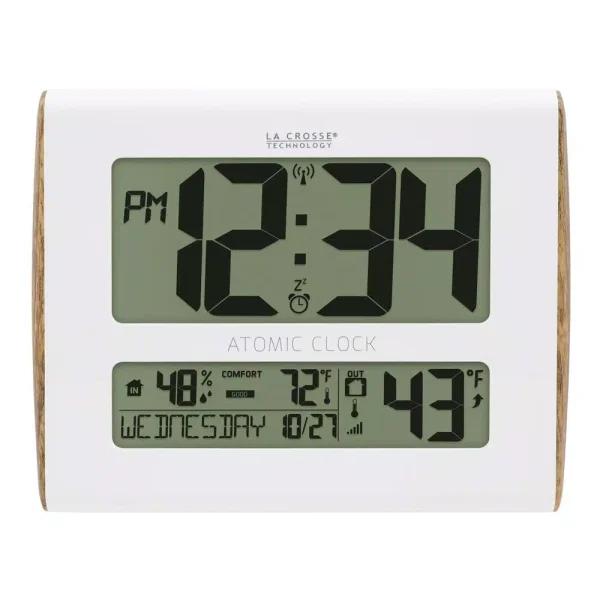 La Crosse Technology Digital Atomic Faux Wood Sided Wall Clock with Indoor/Outdoor Temperature and Humidity
