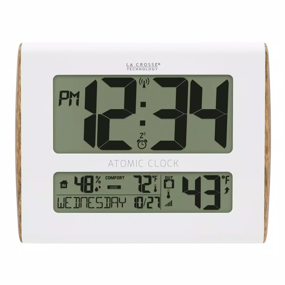 La Crosse Technology Digital Atomic Faux Wood Sided Wall Clock with Indoor/Outdoor Temperature and Humidity