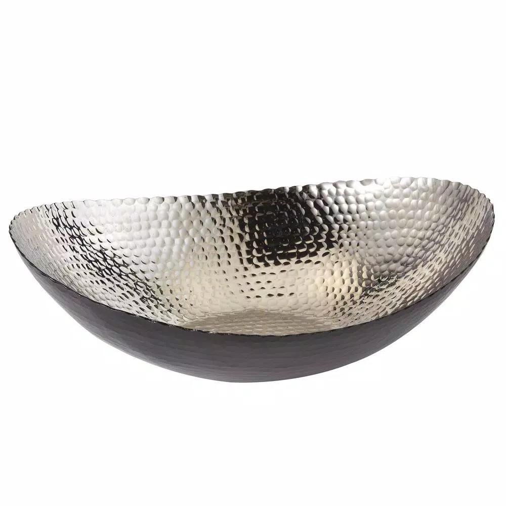 Elegance 14.75 in. Hammered Oval Serving Bowl, Black and Silver